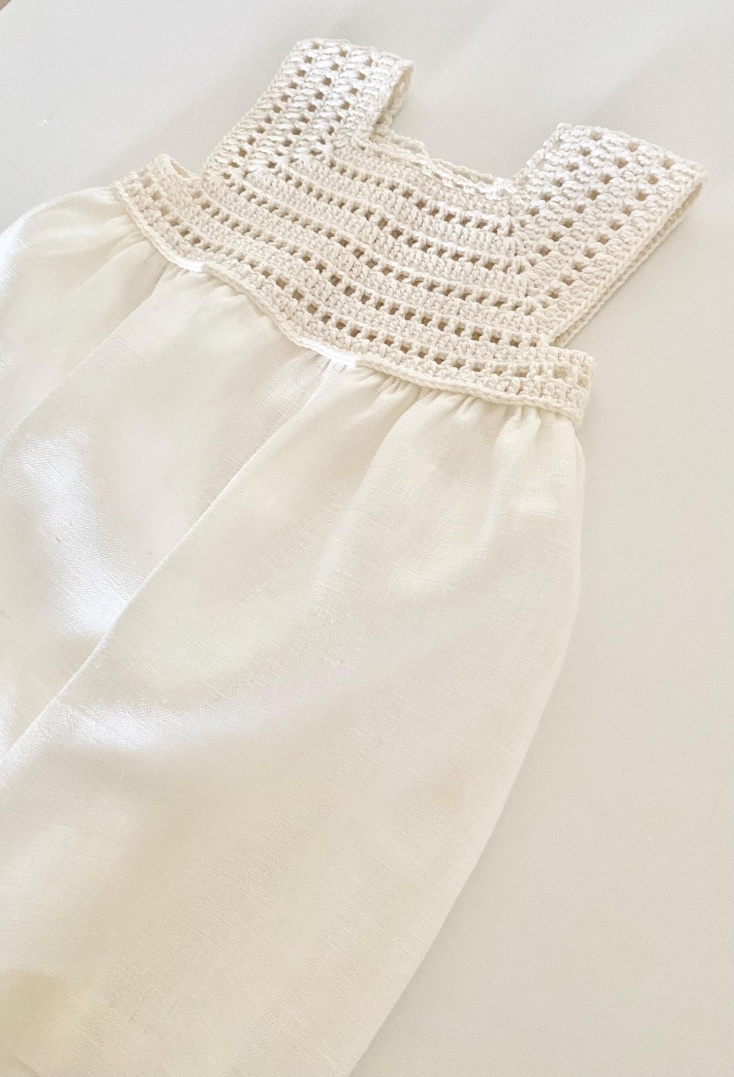 Handmade Linen Baby Dress: Crochet Yoke, Vintage Style
