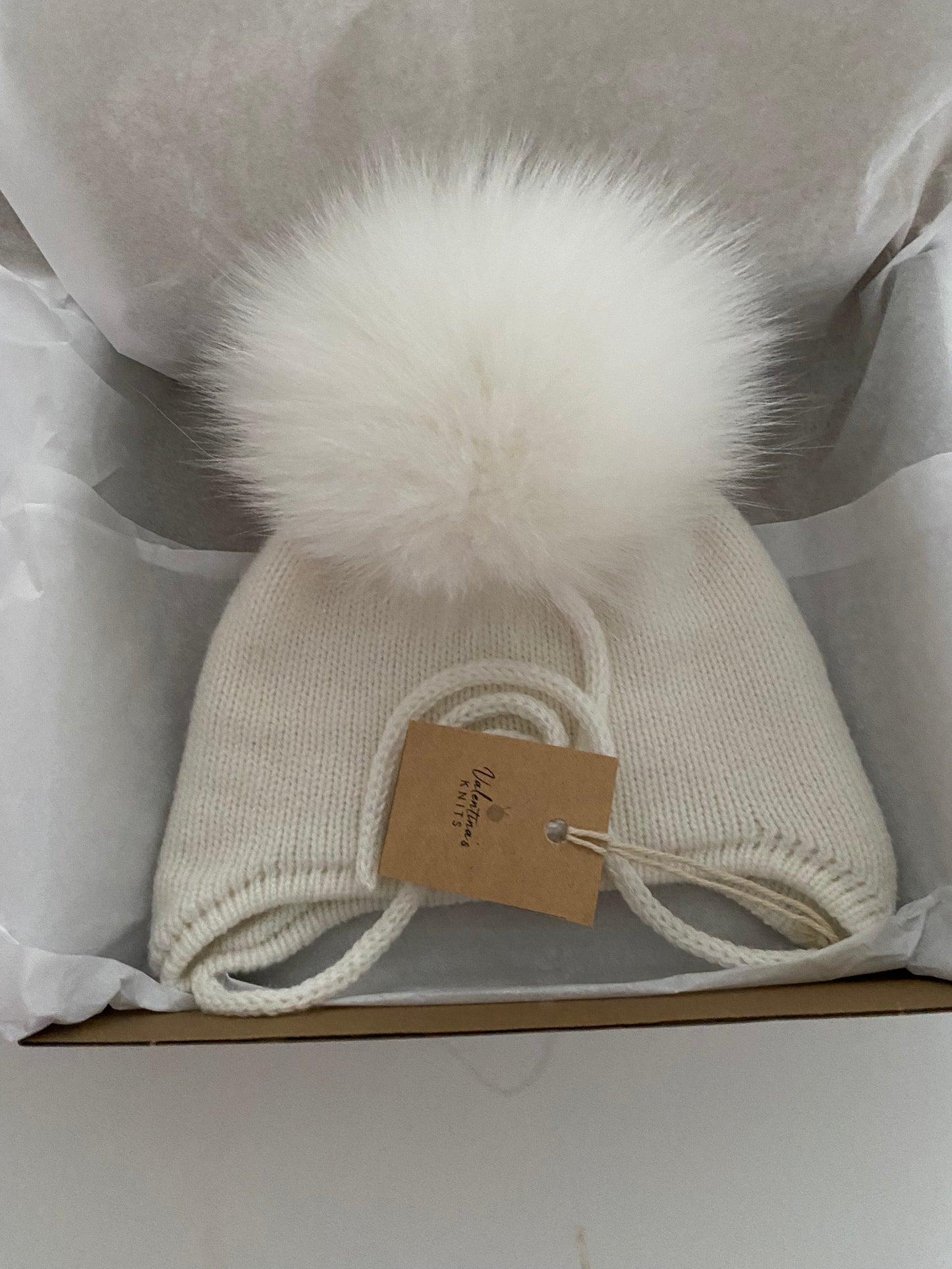 Cashmere Knit Baby Hat: Fox Fur Pom Pom, Handmade in USA